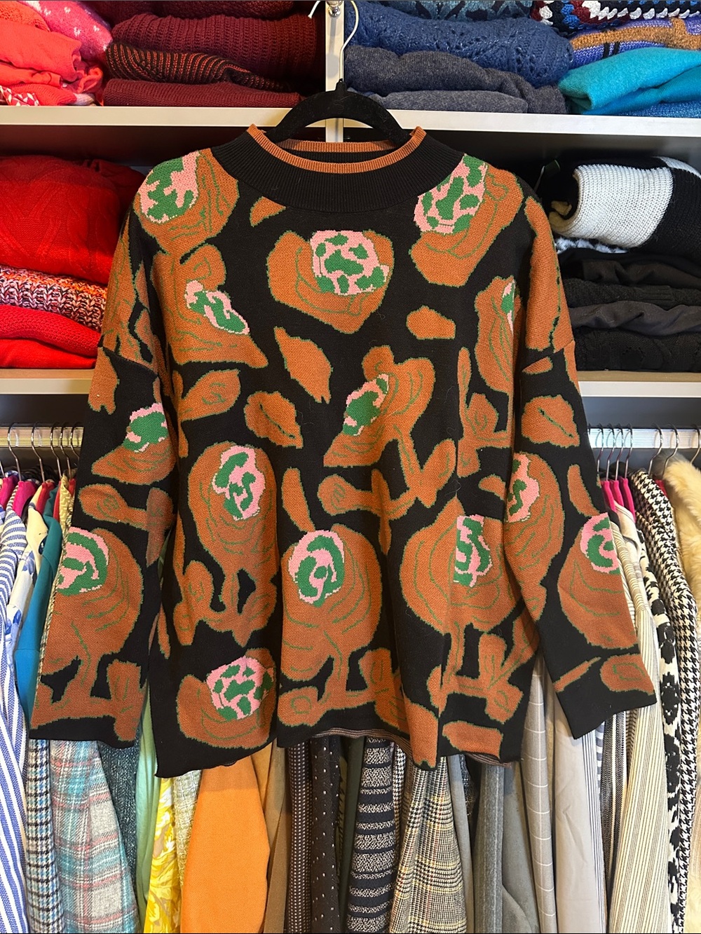 Jodifil black/brown floral long sleeve mock neck oversized sweater size S NWOT